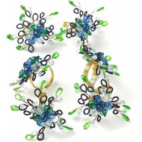 Penguin Home Set Of 6 Blue And Green Handcrafted Floral Style Beaded Napkin Rings - Beads On Iron Mesh